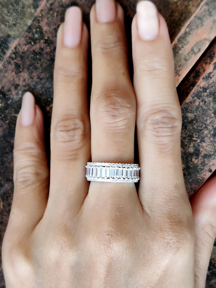 Full Eternity Baguette Wedding Ring / 7.50 mm Wide Band / 3 Row Anniversary Gift Ring / Wedding Band / Sterling Silver / Statement Ring