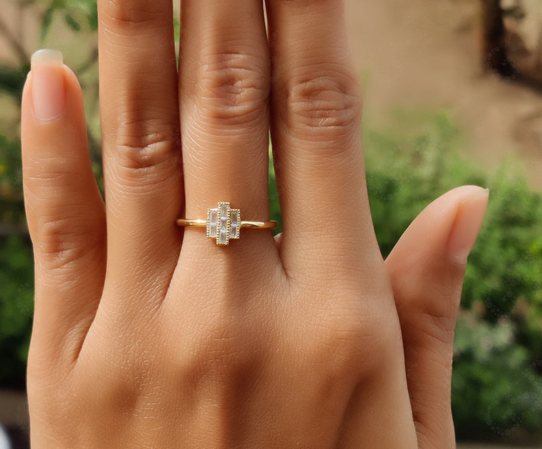 Vintage Art Deco Minimalist Ring: Baguette Moissanite Elegance - Silver and Gold Stackable - Dainty Fine Gold Jewelry