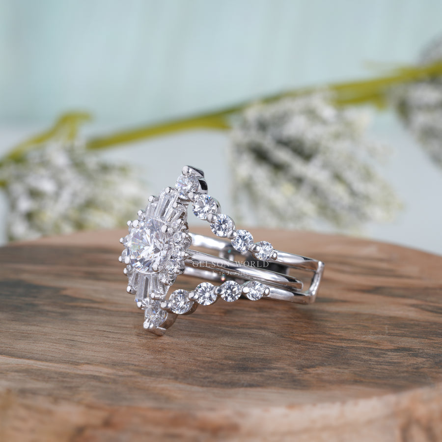 Sunburst Ring Enhancer Set, Unique Moissanite Engagement Ring With Enhancer, Wedding Ring Set For Women, Ring Jacket, Ring Guard Bridal Sets