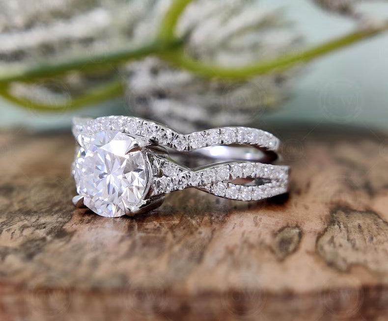 Round Moissanite Twisted Wedding Ring Set, Bridal ring Set, Matching Band, Engagement Ring, Eternity Band, Promise Ring, Sterling Silver