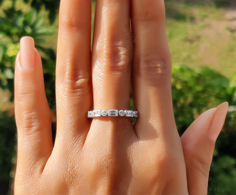 Vintage Art Deco Baguette & Round Moissanite Wedding Ring: A Stunning Silver and Gold Eternity Band for Your Special Day