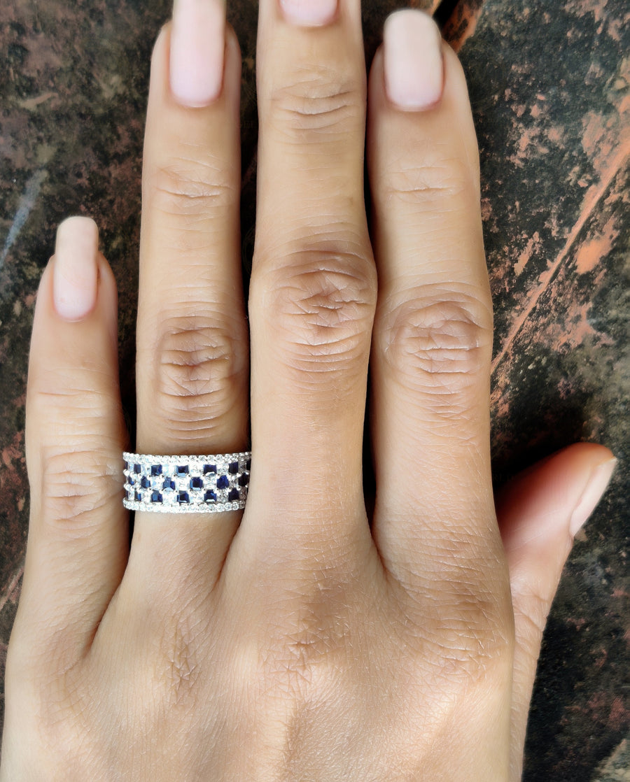 9 mm Wide Full Eternity Wedding Band, 5.20 Ct Round and Princess White & Blue Sapphire Promise Ring, Chess Pattern Stackable band ring