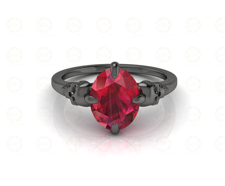 1.70 Ct Two Skull CZ Oval Solitaire Engagement Wedding Ring, Birthstone July Ruby gemstone ring, Sterling Silver, Gothic Women ring