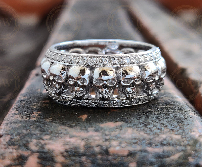 9 mm Wide Unique Gothic Skull Wedding Band, Black Moissanite Diamond Band, Black Silver Anniversary Ring, Full Eternity Band For Men & Women