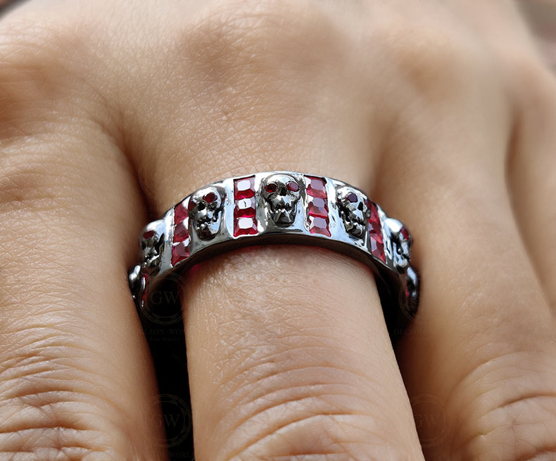 8 mm Wide Unique Gothic Skull Wedding Band Sterling Silver, Full Eternity Ring, Birthstone Ring, Ruby gemstone ring, Band for Men & Women