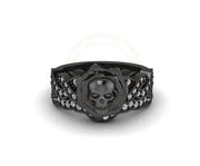 Skull Bridal Gothic Wedding Ring Sets, Rose Floral Engagement Ring, Criss Cross Nature Inspired Design, White Round CZ, Black Rhodium Plated