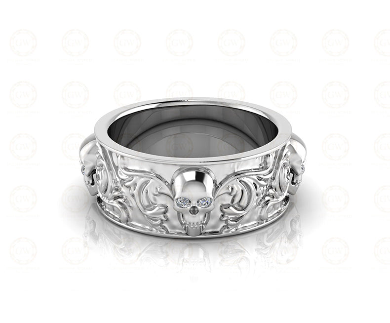 8 mm Wide Nature Inspired Unique Gothic Skull Wedding Band, Simulated Diamond, Sterling silver, Anniversary Ring, Floral Eternity Band