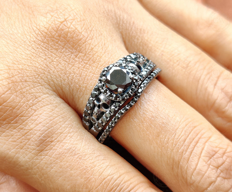 Gothic Skull Bridal Wedding Ring Sets, Two Skull Halo Engagement Ring, Simulated Diamond, Black Rhodium Plated, Matching Band, 925 Silver