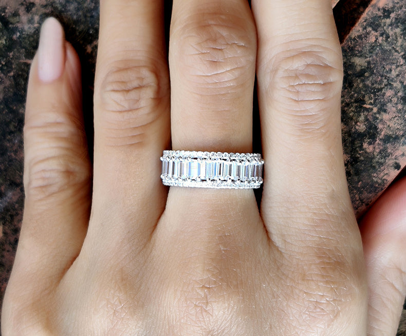 Full Eternity Baguette Wedding Ring / 7.50 mm Wide Band / 3 Row Anniversary Gift Ring / Wedding Band / Sterling Silver / Statement Ring