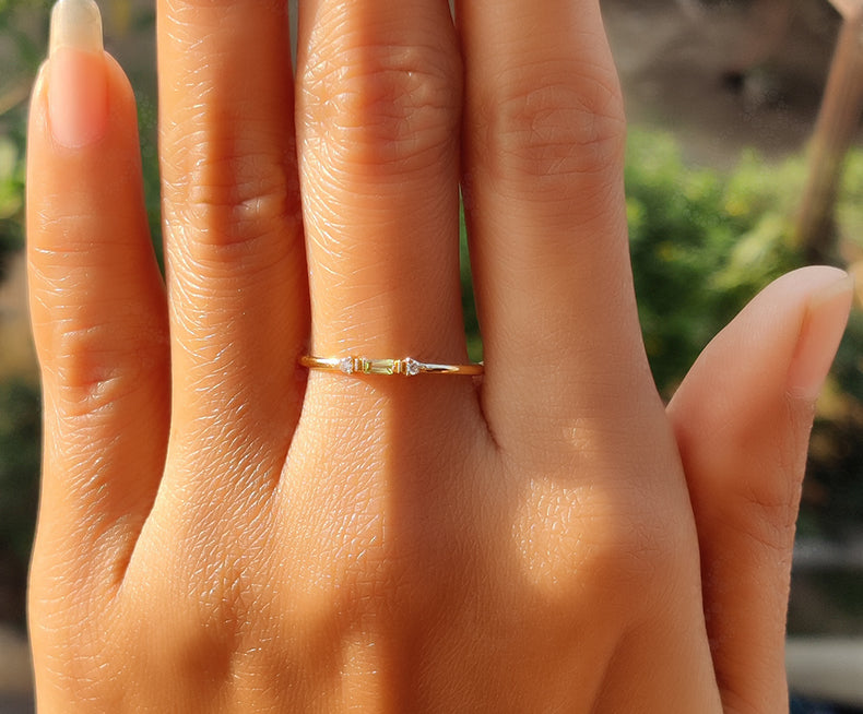 Stunning Stackable Birthstone Rings - Silver and Gold Baguette Peridot Stacking Beauty - Minimalist Three-Stone Dainty Ring