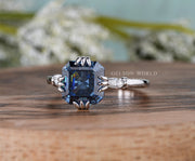 Dark Blue Asscher Cut Moissanite Engagement Ring, Art Deco Fish Tail Prongs Ring, Vintage Style Moissanite Ring, Unique Anniversary Rings