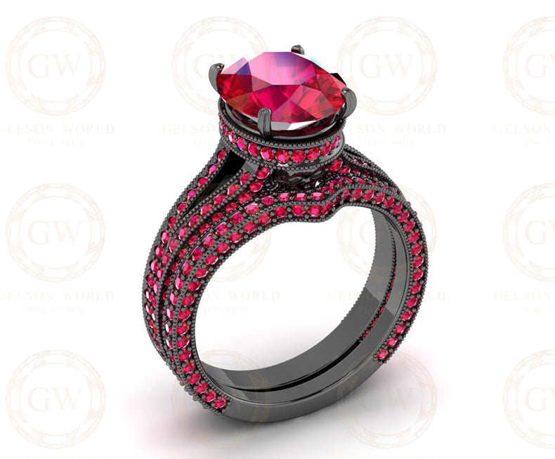 4.15 Ct Gothic Skull Bridal Vintage Wedding Ring Set, Unique Skull milgrain Oval Engagement ring set, Ruby Birthstone Ring sets for Women