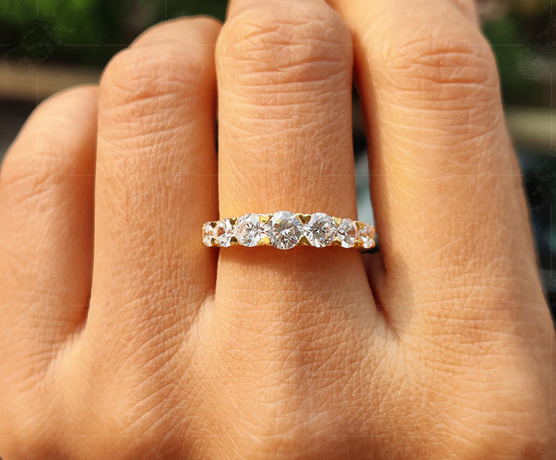 7 Stone Moissanite Wedding Ring - Round Moissanite Anniversary Band in Silver and Gold - U Prong Stackable Ring