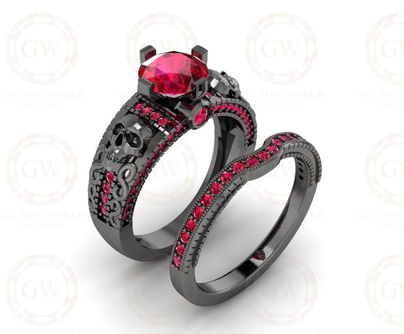 1.75 Ct Gothic Skull Bridal Wedding Ring Set, Unique Ruby July Birthstone Vintage Engagement ring set, Matching Band for her, Black Skull