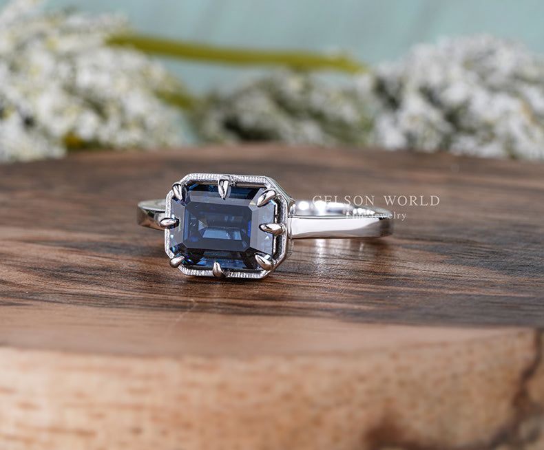 East West Emerald Cut Engagement Ring, Blue Emerald Cut Moissanite Solitaire Ring, Sideways Promise Ring For Her, Mom Birthstone Ring