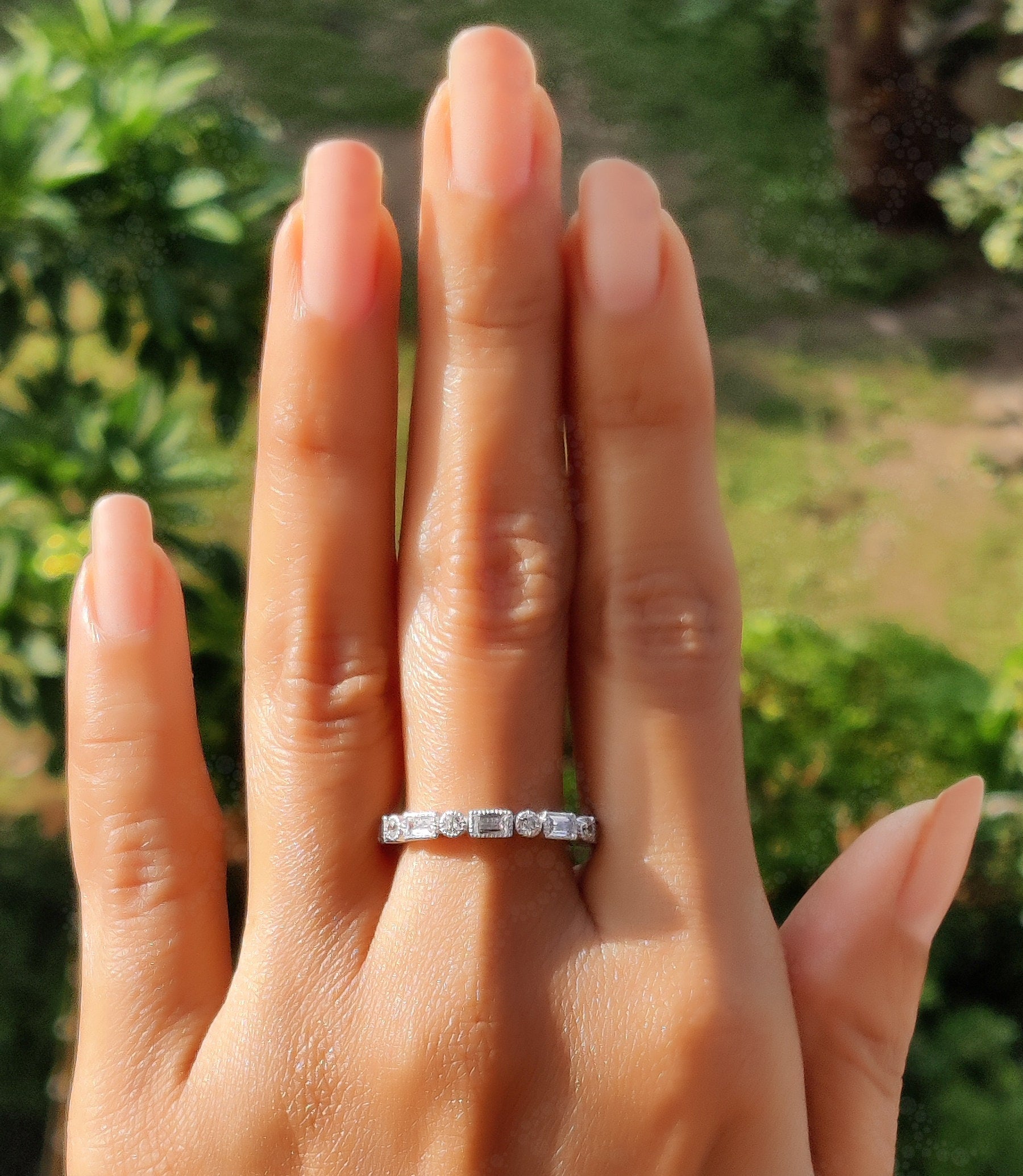 Vintage Art Deco Baguette & Round Moissanite Wedding Ring: A Stunning Silver and Gold Eternity Band for Your Special Day