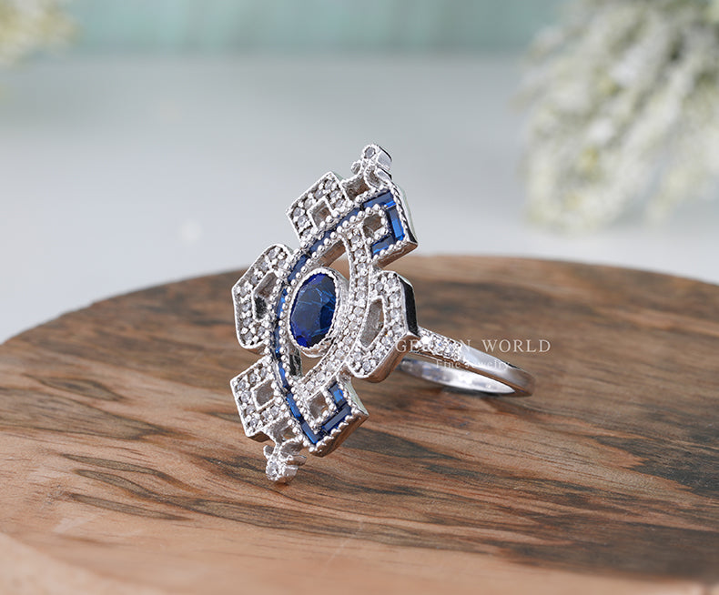 Oval Sapphire Vintage Engagement Ring, Art Deco Wedding Ring, Antique Sterling silver ring, Estate Women Jewelry, Mothers day gift