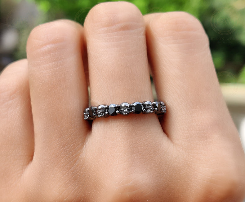 1.50 Tcw Skull Wedding Ring Band, Promise Ring, Eternity Gothic Band, Round Cut CZ Diamond alternate skull Black Sterling Silver Women Ring