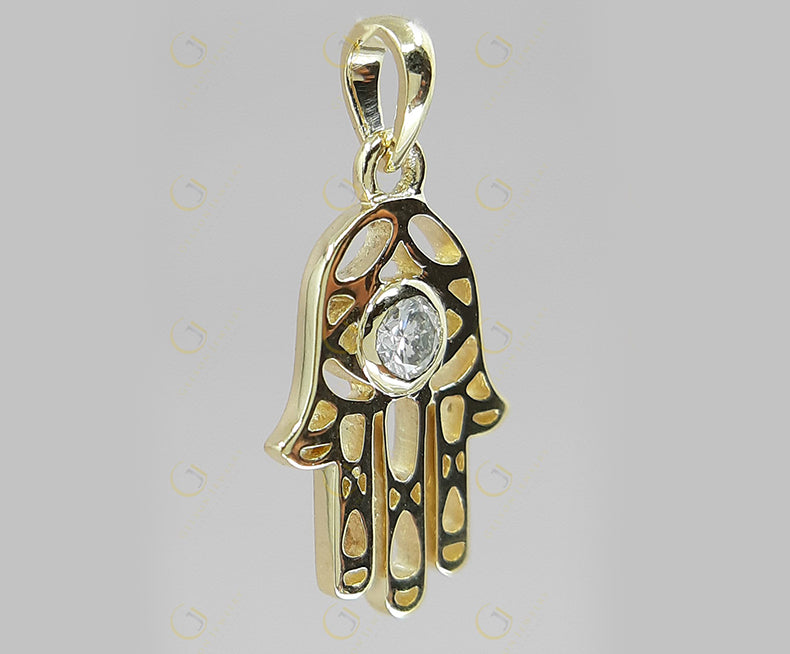 Gold Hamsa Pendant, Hamsa Hand Sign Diamond Pendant, Solitaire Moissanite Pendant, Dainty Pendant, Religious Jewelry, Protection Hand