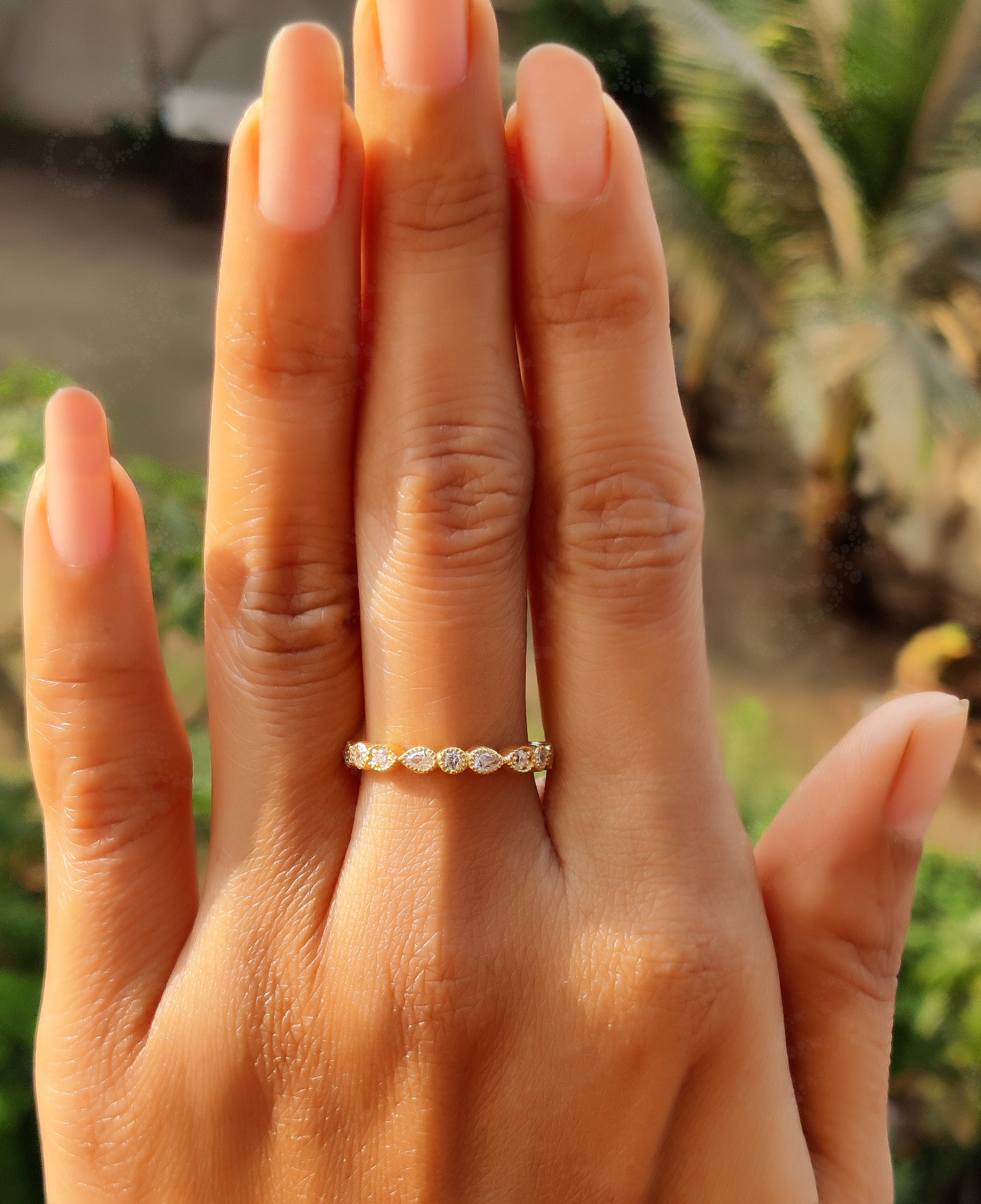 Elegant Vintage Wedding Band - Dainty Stacking Ring with Round & Pear Moissanite - Silver and Gold Half Eternity Anniversary Ring