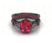 2.40 Ct Unique Gothic Skull Cushion Cut Floral Vintage Bridal Engagement Ring Set, Birthstone July Ruby gemstone Women ring, Matching Band