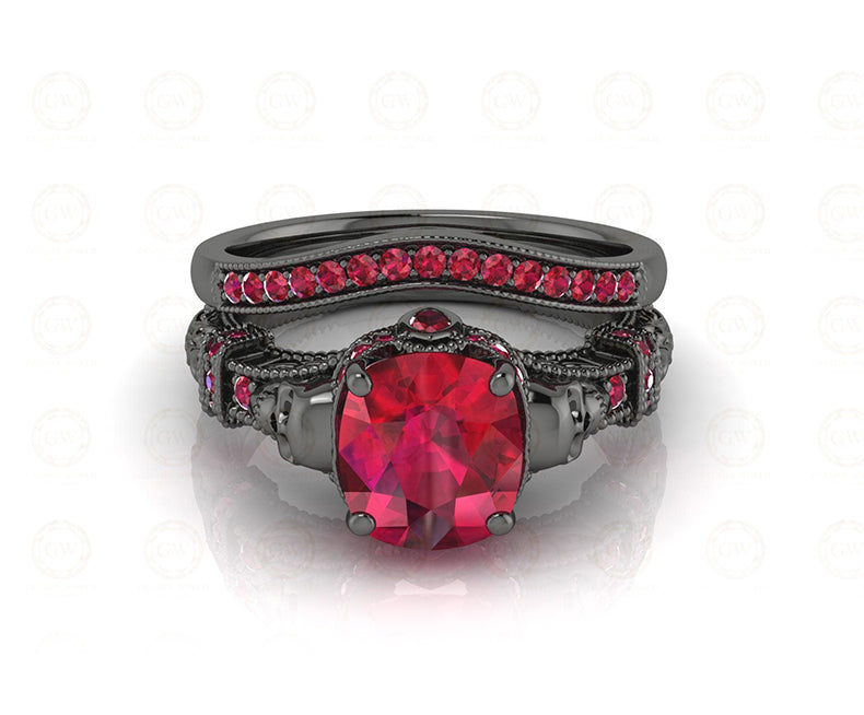 2.40 Ct Unique Gothic Skull Cushion Cut Floral Vintage Bridal Engagement Ring Set, Birthstone July Ruby gemstone Women ring, Matching Band