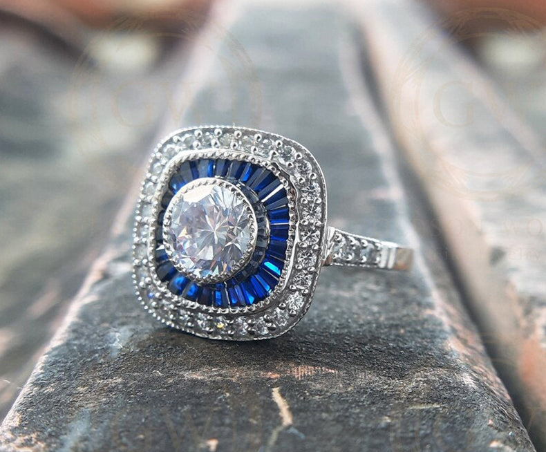 Sapphire Target Ring, Double Halo Engagement Ring, Vintage Milgrain Ring, Unique Art Deco Ring For Women, Moissanite Bezel Set Round Ring