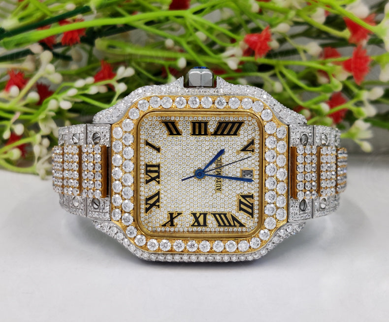 Buss Down VVS Moissanite Diamond Fully Automatic Luxury Watch iced out Hip Hop watches Two Tone (Yellow)