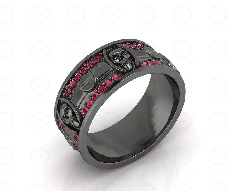 8 mm Wide Unique Design Bridal Gothic Skull Wedding Ring, Punk Biker Ring, Birthstone July Ruby gemstone ring, Sterling Silver, Anniversary