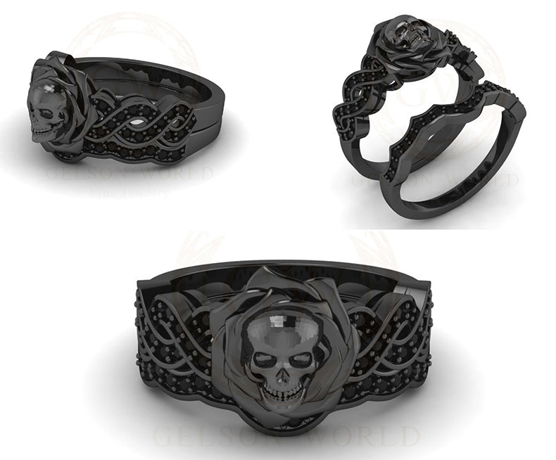 Gothic Skull Bridal Wedding Ring Sets, Moissanite Rose Floral Engagement Ring, Twisted Nature Inspired Set, Black Rhodium Plated Silver Ring