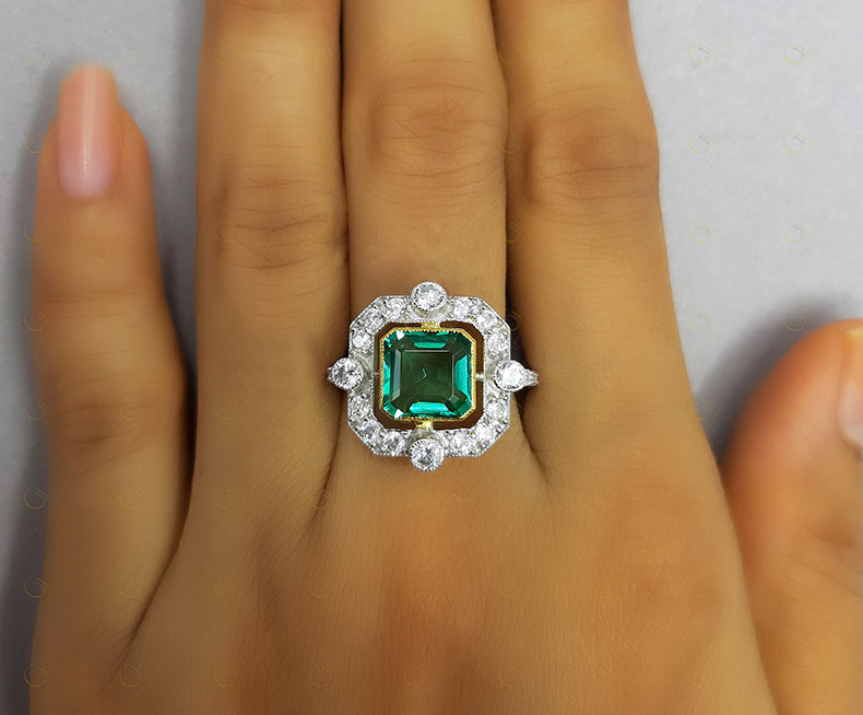 Ocean Green Asscher cut Vintage Engagement ring, art deco style Wedding ring, Antique Two Tone statement ring In Sterling Silver