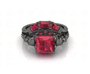 2.90 Ct Gothic Skull Princess Vintage Engagement Wedding Ring Set, Birthstone July Ruby gemstone ring, Matching Band, Ring Set For Women