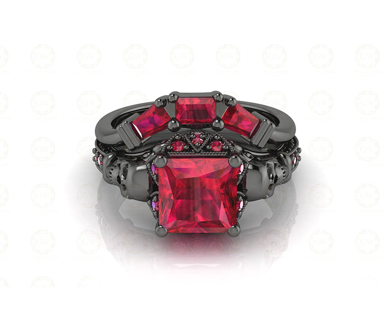 2.90 Ct Gothic Skull Princess Vintage Engagement Wedding Ring Set, Birthstone July Ruby gemstone ring, Matching Band, Ring Set For Women