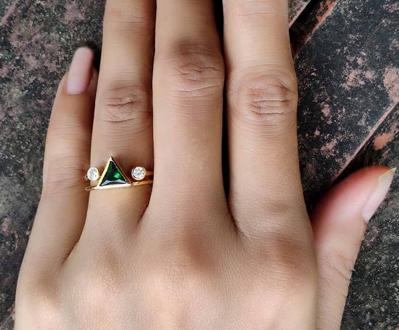 14K Gold Triangle Shape Emerald Minimalist engagement ring, Open End Design Matching Stacking Ring, Wedding Band, Dainty Diamond Ring