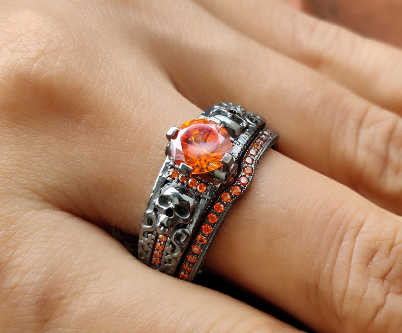 Unique Gothic Skull Bridal Wedding Ring Set, Fire Opal Birthstone Vintage Engagement ring set, Matching Band for her, Black Skull