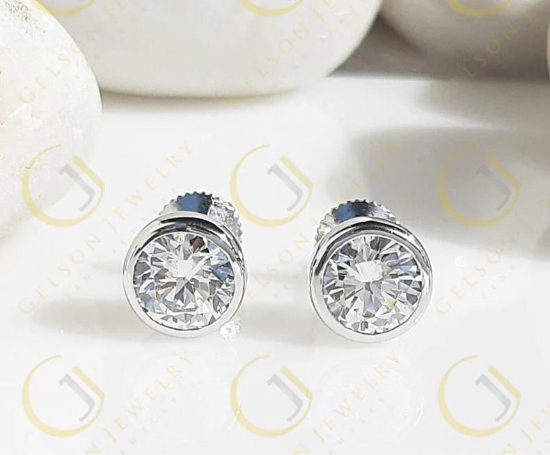 Bezel Set Solitaire Stud Earrings, Rubover Round Moissanite Studs For Women, Solid Gold Earrings, Bridesmaid Gift, Wedding Stud Earrings