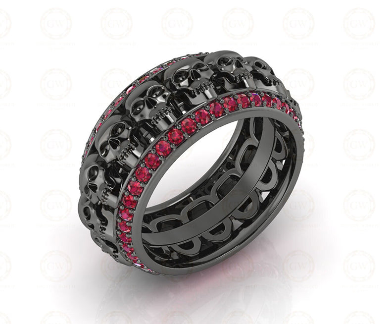 9 mm Wide Unique Gothic Skull Wedding Band, Birthstone Ring, July Ruby gemstone ring, Full Eternity Band for Men & Women, Sterling Silver