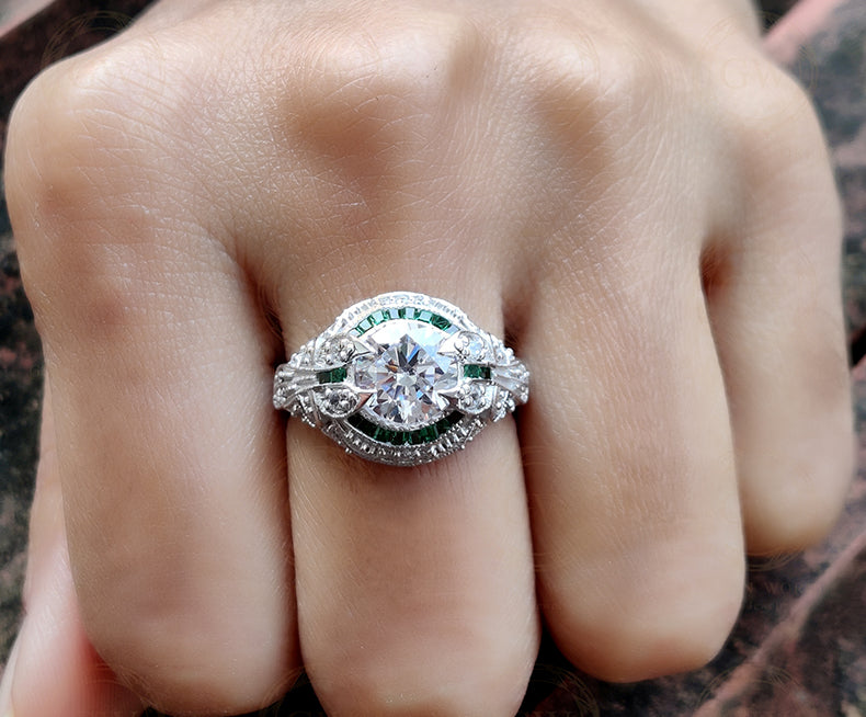 3.50 Ct Round Moissanite Art deco Vintage Engagement Ring, Sterling Silver Ring, Emerald Baguette Estate Jewelry, Antique Women Ring