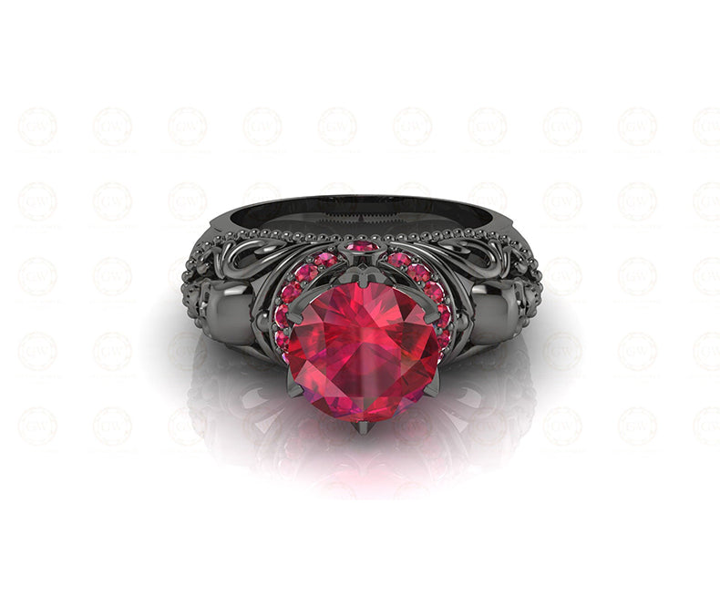 1.90 Ct Gothic Skull Round Floral Vintage Engagement Ring, Birthstone July Ruby gemstone ring, CZ Women ring, Sterling Silver, Wedding Ring