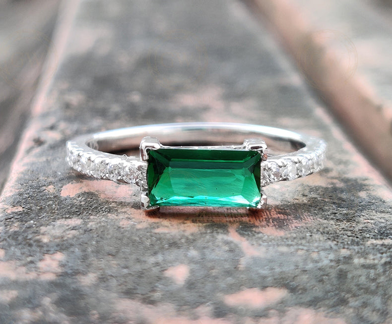 Gemstone engagement ring, Green Emerald Baguette Stacking Rings, Rings for women, Sterling silver, Birthstone Jewelry