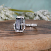 Coffin Shape Engagement Ring, Elongated Grey Radiant Cut Halo Moissanite Ring