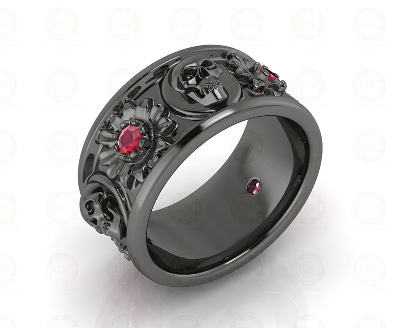 10 mm Wide Nature Inspired Floral Gothic Skull Wedding Band, Birthstone July Ruby gemstone ring, 925 Sterling Silver, Floral Eternity Band