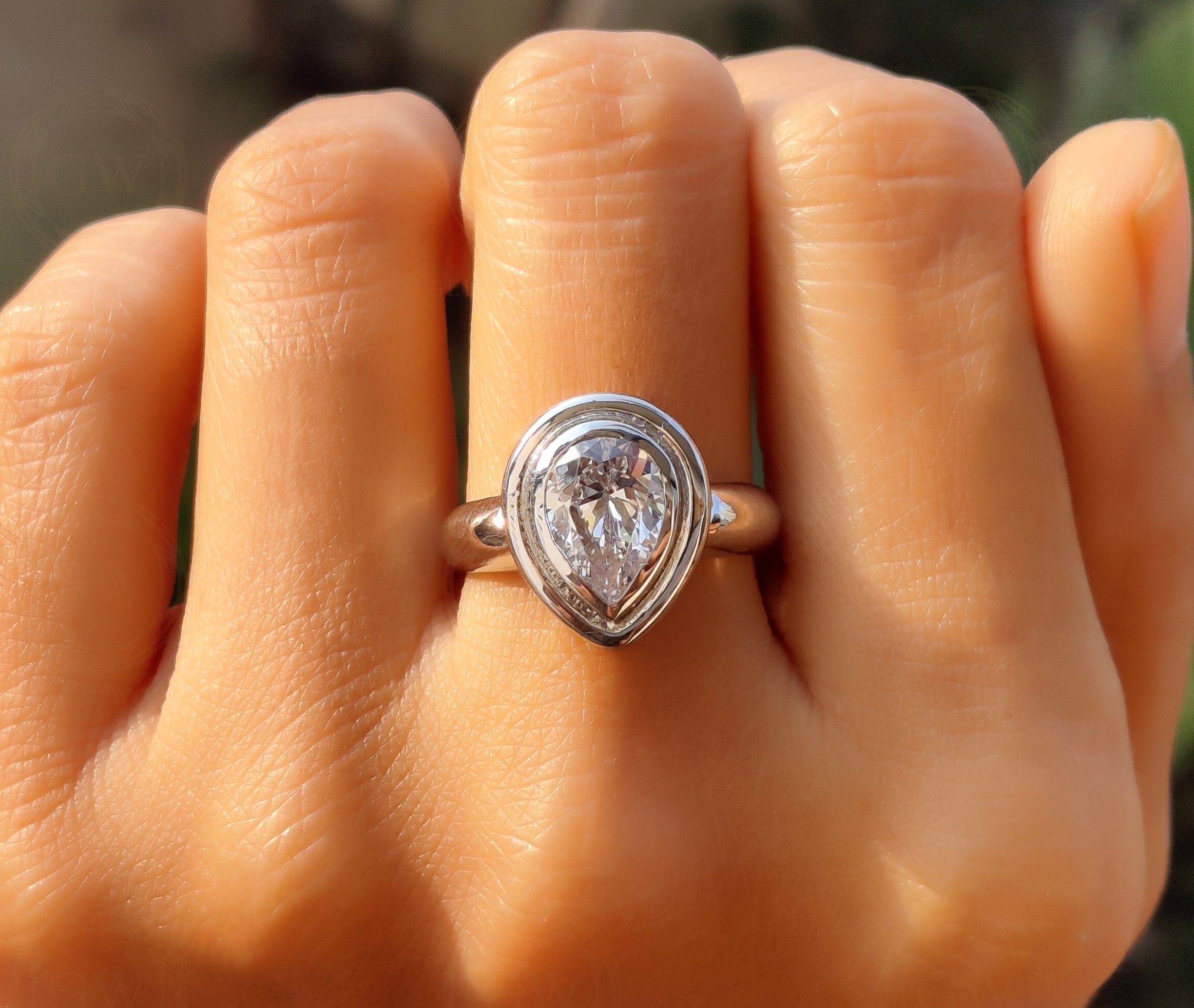 Bezel Set Teardrop Anniversary Ring, Pear Moissanite, Sterling Silver, Gift for Her