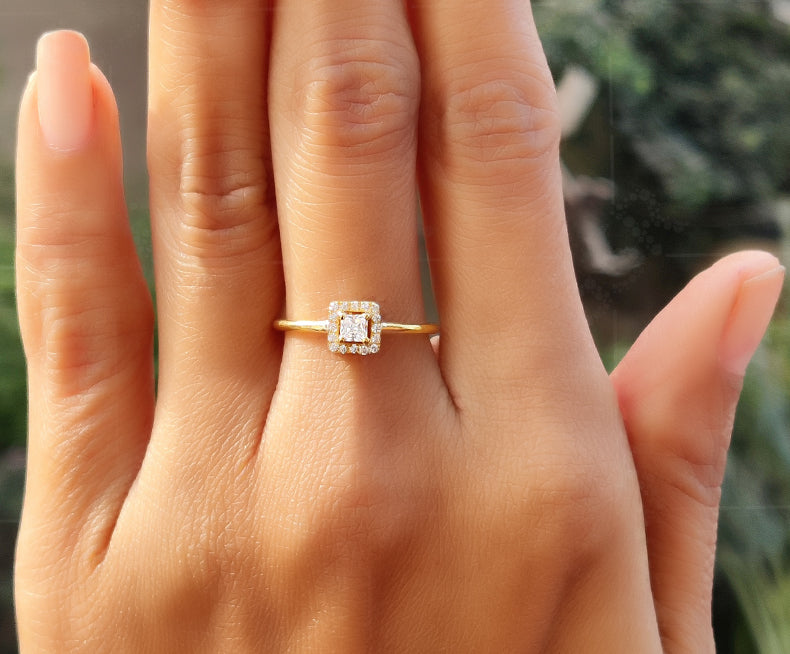 Regal Elegance: Princess Cut Moissanite Ring in Silver and Gold, a Stunning Halo Engagement Ring and Stacking Delight