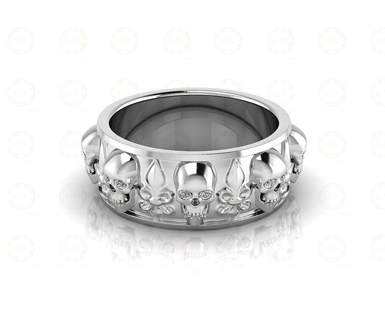 8 mm Wide Unique Gothic Skull Wedding Band, heraldic lily, Biker Ring, Simulated Diamond, Sterling silver, Anniversary Ring, Eternity Band