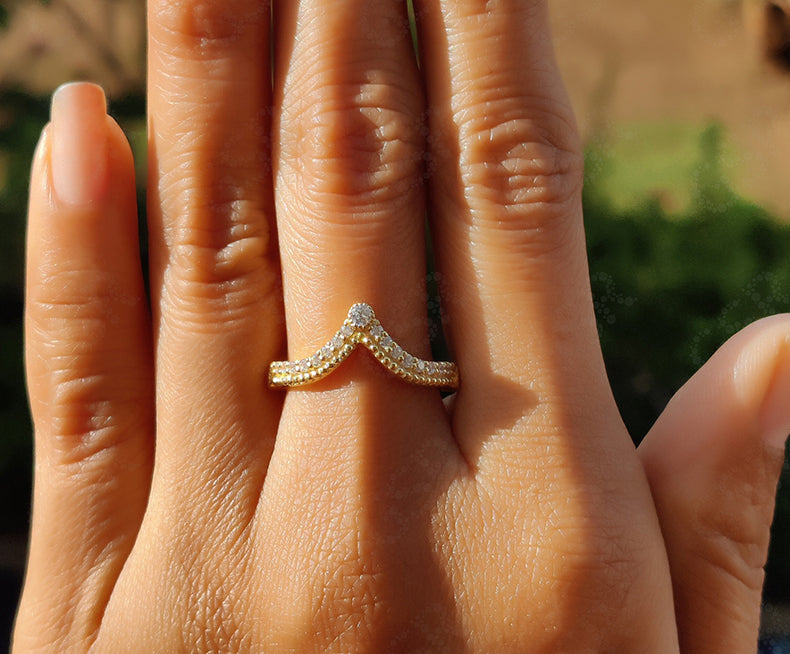 Elegant Royal Vintage Chevron Band - Round Moissanite Wedding Beauty - Silver and Yellow Gold - Dainty Promise Ring and Anniversary Ring