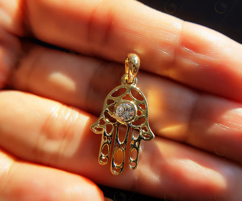 Golden Hamsa Hand Pendant - Symbolic Protection Necklace with Evil Eye Warding - 14K Solid Gold - Spiritual Jewelry