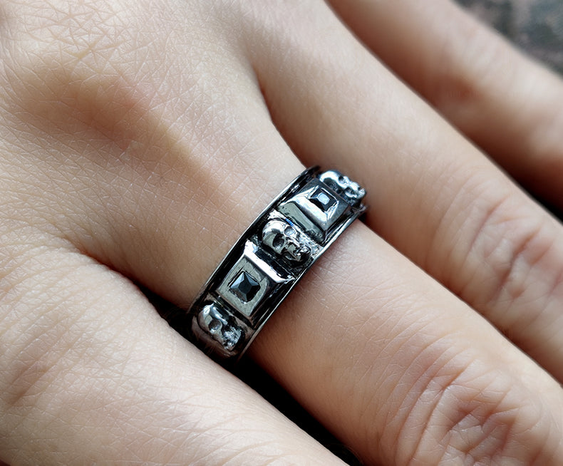 7 mm Wide Men's Gothic Skull Wedding Band, Punk Style Biker Ring, Unique Jewelry, Black CZ Sterling silver, Anniversary Ring, Eternity Band