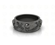 8 mm Wide Unique Cross Men's Gothic Skull Wedding Band, Punk Style Biker Ring, Black CZ Sterling silver, Anniversary Ring, Eternity Band