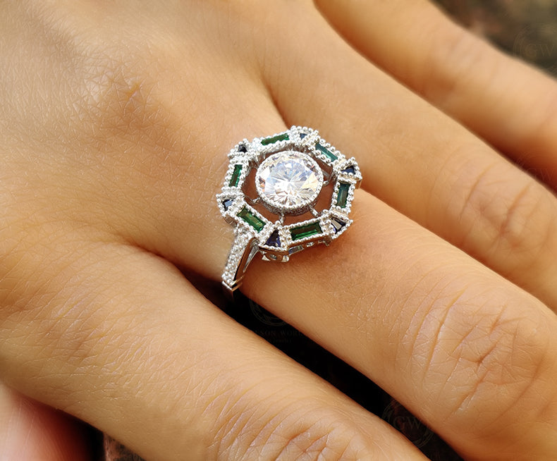 1.80 Ct Round Moissanite vintage Engagement Ring, Gemstone Art Deco Wedding Ring, Antique Sterling silver ring, Estate Women Jewelry